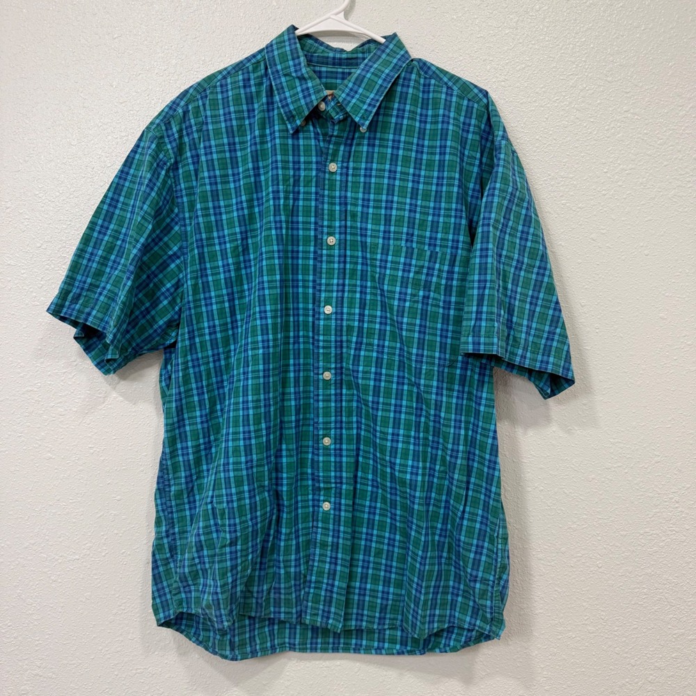Eddie Bauer Mens Blue Green Plaid Short Sleeve Button Down Shirt Medium Cotton